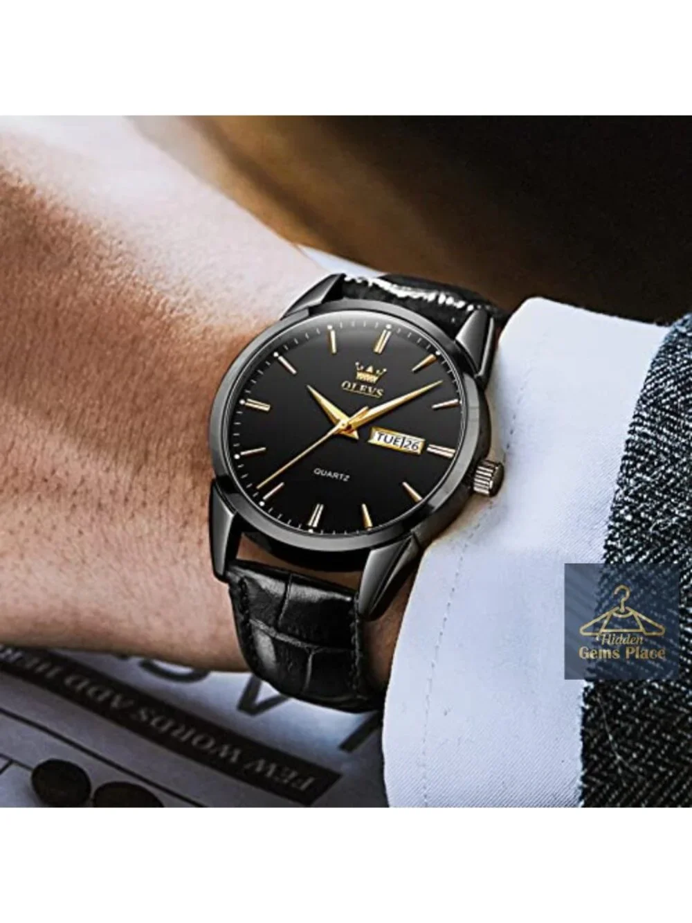 Men's Quartz Dress Watch with Day Date Luminous Hands Stainless Steel Leather